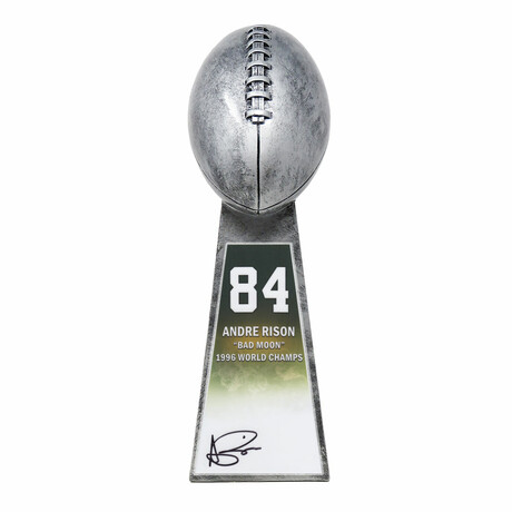 Andre Rison Signed Football World Champion 15 Inch Replica Silver Trophy With #84 Sticker