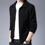 Zip-up Flap Neck Side Pockets Sweater // Black (XS)