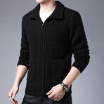 Zip-up Flap Neck Side Pockets Sweater // Black (XS)