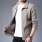 Zip-up Flap Neck Side Pockets Sweater // Beige (L)