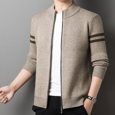 Zip-up Contrast Stripe Sweater // Beige (4XL)