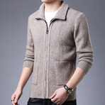 Zip-up Flap Neck Side Pockets Sweater // Beige (L)