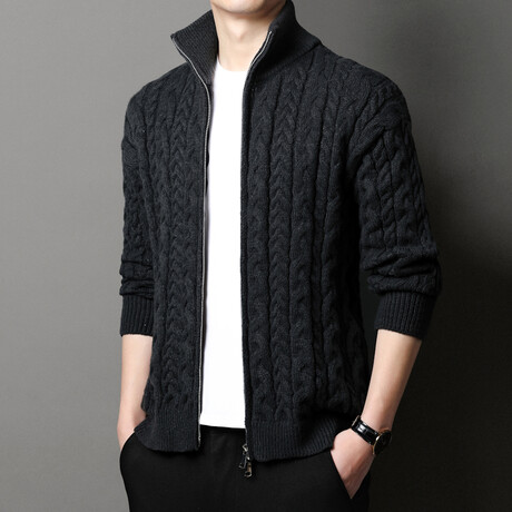Zip-up Cable-Knit Sweater // Dark Gray (XL)