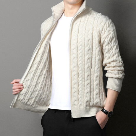 Zip-up Cable-Knit Sweater // Cream (L)