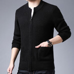 Side Pockets Zip-up Sweater// Black (XL)