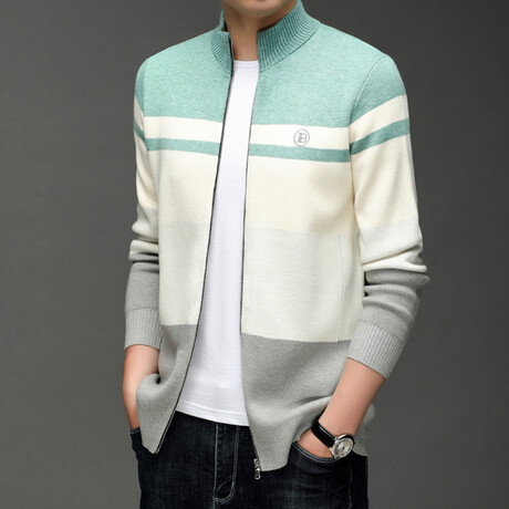 Blocked Zip-up Sweater // Light Green + Cream + Light Gray (XS)