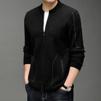 Zip-up Stripe Textured Sweater // Black (XL)