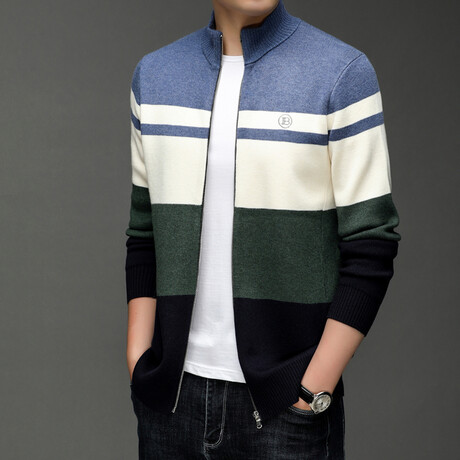 Blocked Zip-up Sweater // Light Blue + Cream + Green + Black (XS)