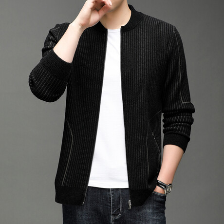 Zip-up Stripe Textured Sweater // Black (XS)