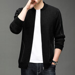 Zip-up Stripe Textured Sweater // Black (XL)