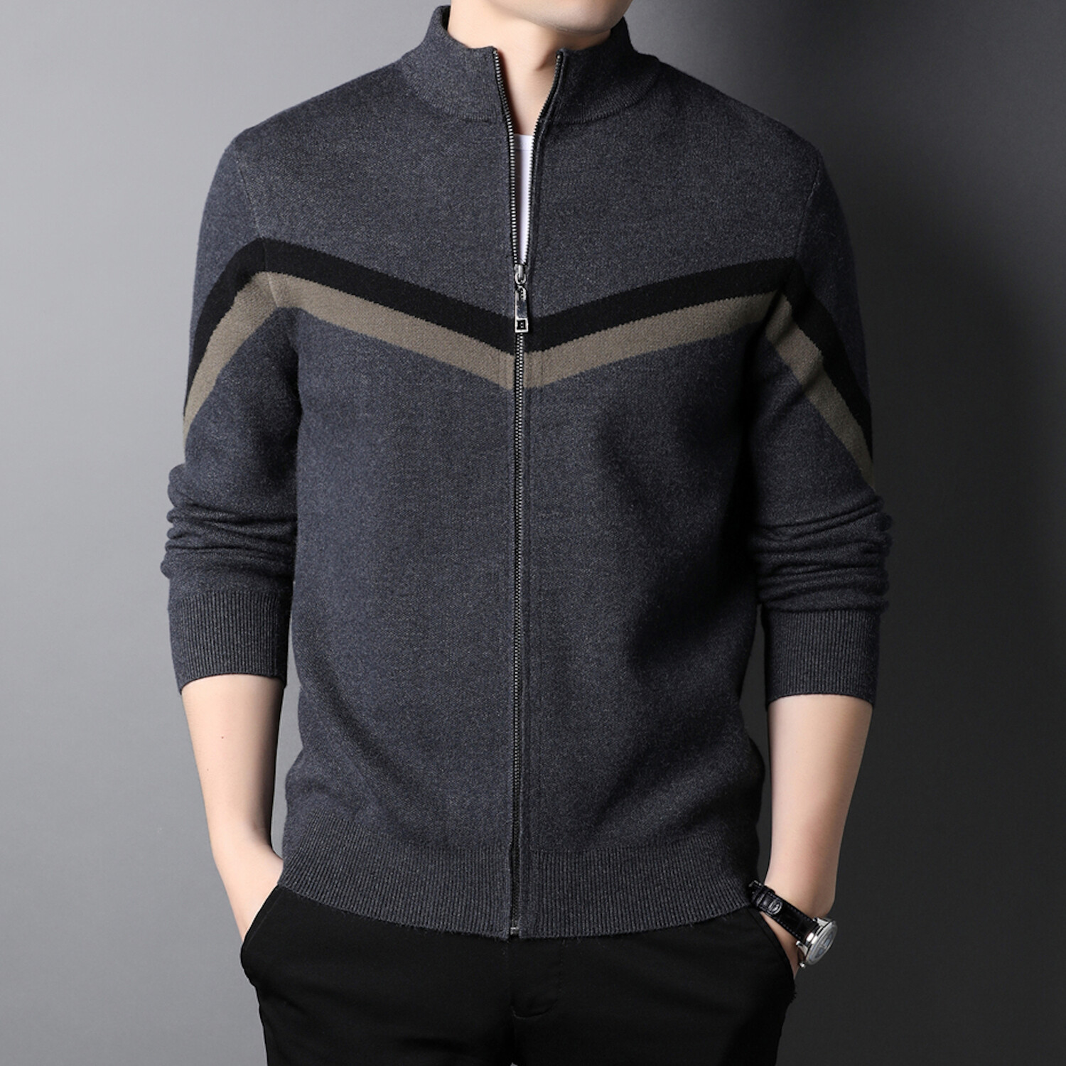 Zig Zag Striped Zip-up Sweater // Dark Gray (XS) - Amedeo Exclusive Zip ...