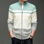 Blocked Zip-up Sweater // Light Green + Cream + Light Gray (XS)