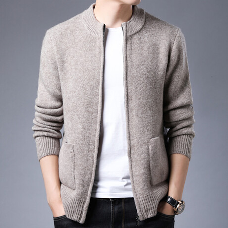 Side Pockets Zip-up Sweater // Beige (3XL)