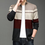 Blocked Zip-up Sweater // Beige + Cream + Burgundy + Dark Gray (XL)