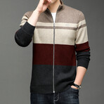 Blocked Zip-up Sweater // Beige + Cream + Burgundy + Dark Gray (XL)