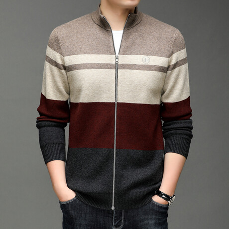 Blocked Zip-up Sweater // Beige + Cream + Burgundy + Dark Gray (XS)