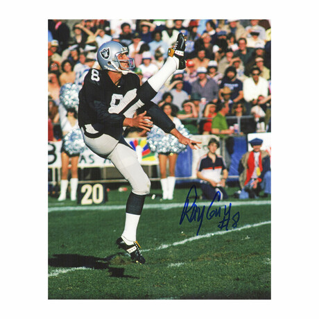 Ray Guy Signed Raiders Black Jersey Punting Action 8x10 Photo