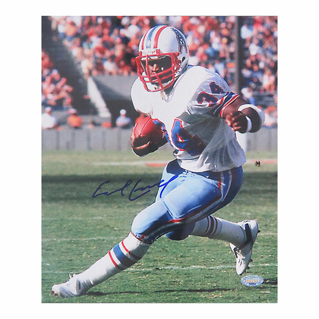 Earl Campbell // Signed Houston Oilers White Jersey Running Action 8x10 Photo