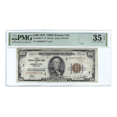 1929 $100 Small Size Federal Reserve Bank Note Kansas City // Star * Note // PMG Certified VF35 EPQ