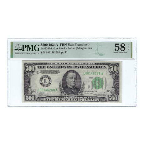 1934-A $500 Small Size Federal Reserve Note // PMG Certified AU58 EPQ