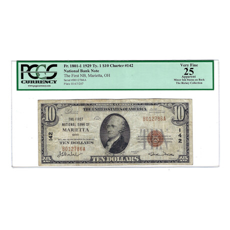 1929 $10 Small Size National Bank Note// 1st National Bank Marietta Ohio // PCGS Certified VF25