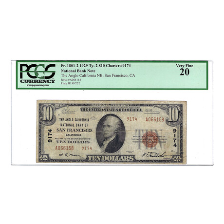 1929 $10 Small Size National Bank Note // Anglo California National Bank San Fransisco // PCGS Certified VF20