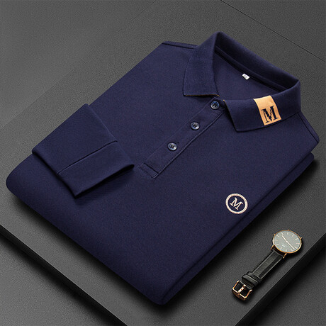 Monogram Collar Long Sleeve Polo// Navy Blue (4XL)