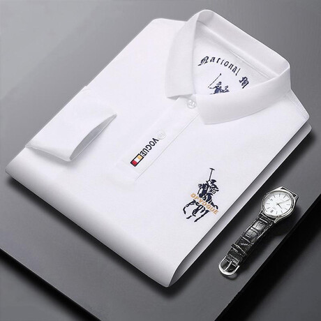 Polo Long Sleeve Shirt // Button closure // White + Blue Logo (XL)