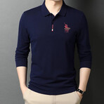 Polo Long Sleeve Shirt // Button closure // Navy Blue + Red Logo (3XL)