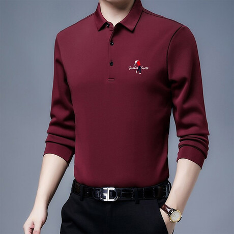 Golf Polo Long Sleeve Shirt // Button closure // Burgundy (M)