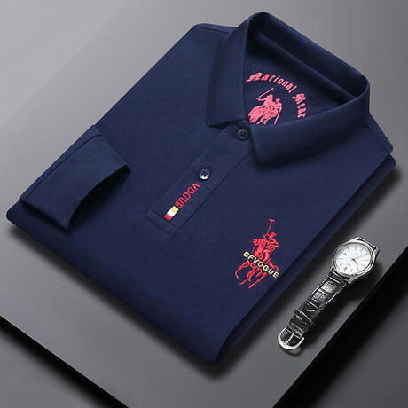 Polo Long Sleeve Shirt // Button closure // Navy Blue + Red Logo (XS)