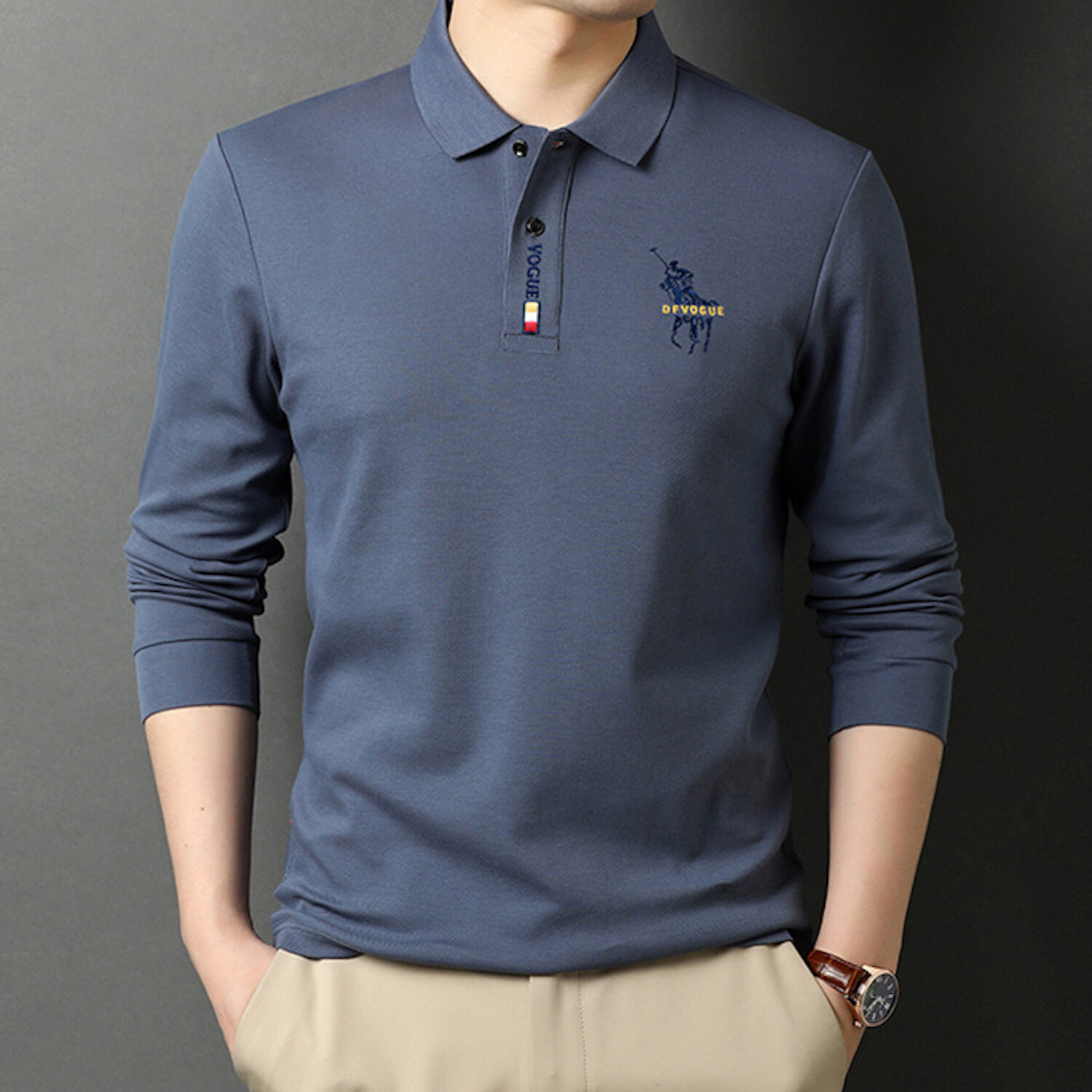 Polo Long Sleeve Shirt // Button closure // Medium Blue (2XL) - Spring ...