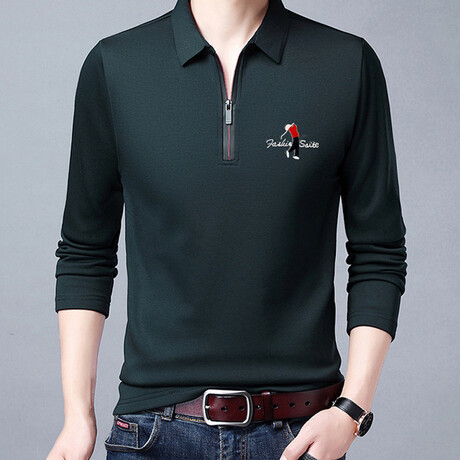 Golf Polo Long Sleeve Shirt // Zipper closure // Green (M)