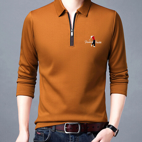 Golf Polo Long Sleeve Shirt // Zipper closure // Orange (M)