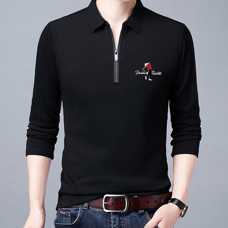 Golf Polo Long Sleeve Shirt // Zipper closure // Black (M)