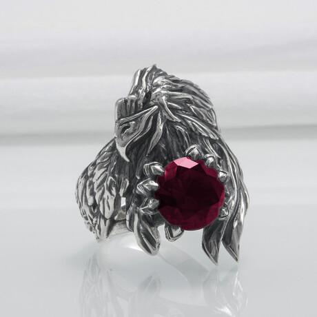Sterling Silver Raven Ring // Silver + Red (6)