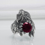 Sterling Silver Raven Ring // Silver + Red (11.5)