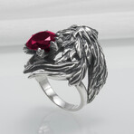 Sterling Silver Raven Ring // Silver + Red (11.5)