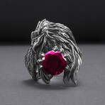 Sterling Silver Raven Ring // Silver + Red (11.5)