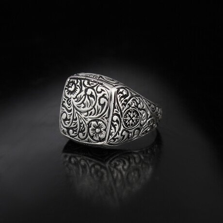 925 Sterling Silver Handmade Engraved Square Shape Men's Ring // Silver (6.5)