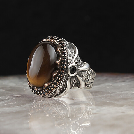 925 Sterling Silver Natural Tiger's Eye Stone Men's Ring // Style 2 // Silver + Brown (6.5)
