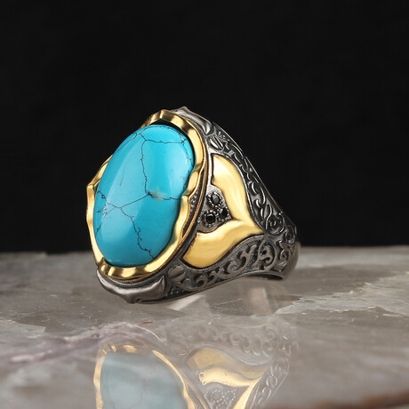 925 Sterling Silver Turquoise Stone Rhodium Plated Men's Ring // Silver + Blue (6.5)