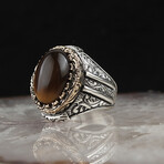 925 Sterling Silver Natural Tiger's Eye Stone Men's Ring // Style 3 // Silver + Brown (8.5)