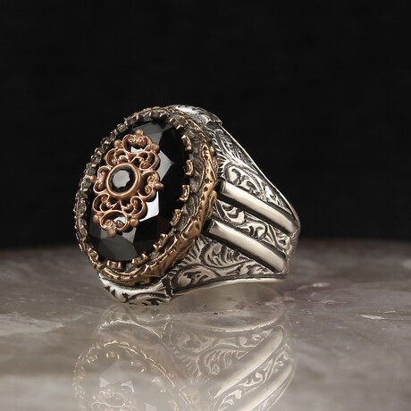 925 Sterling Silver Black Zircon Stone Men's Ring // Silver + Black (6.5)