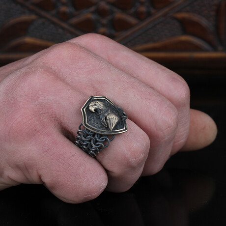 925 Sterling Silver Chain Model Eagle Head Men's Ring // Silver (6.5)