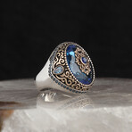 925 Sterling Silver Aquamarine Stone Men's Ring // Style 1 // Silver + Blue (7.5)