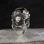 925 Sterling Silver Black Zircon Stone with Lion Detail Men's Ring // Silver + Black (6.5)