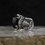 925 Sterling Silver Black Zircon Stone with Lion Detail Men's Ring // Silver + Black (9.5)