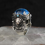 925 Sterling Silver Aquamarine Stone with Lion Detail Men's Ring // Style 2 // Silver + Blue (6.5)