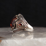 925 Sterling Silver Amber Stone Men's Ring // Silver + Red (10)